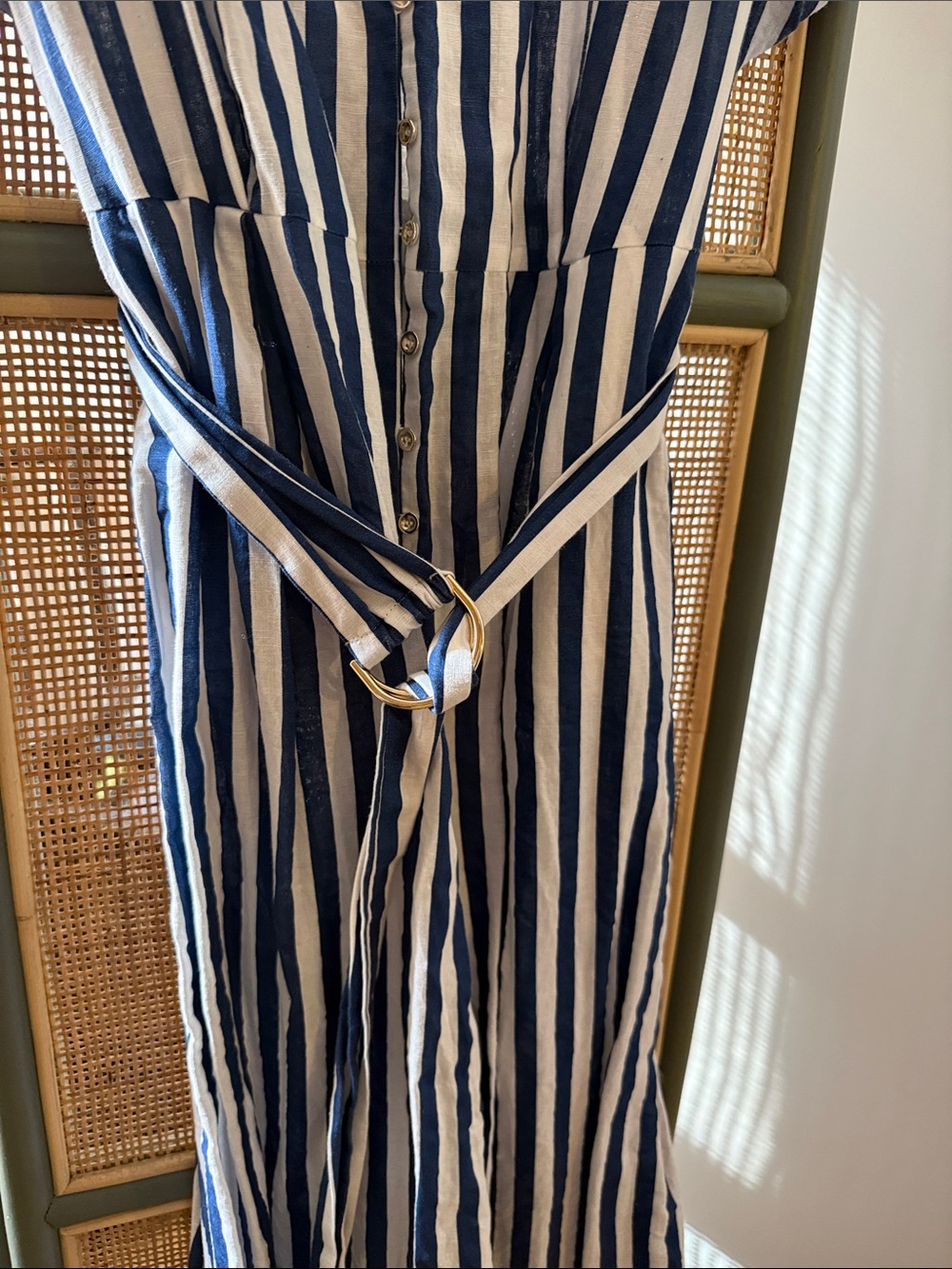 Zara Striped Linen Blend Shirt Dress Blue White Belted Maxi XL 8092/469 - Picture 6 of 8